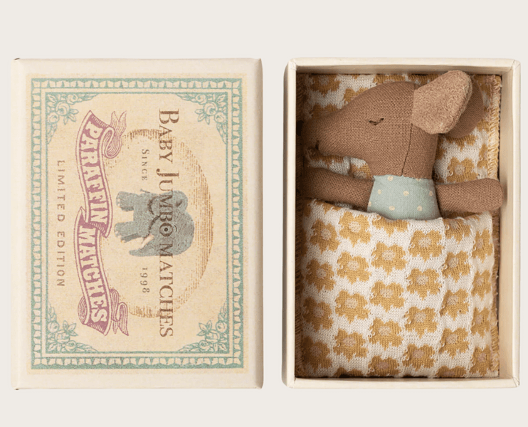 Maileg Sleepy/wakey baby mouse in matchbox - Blue